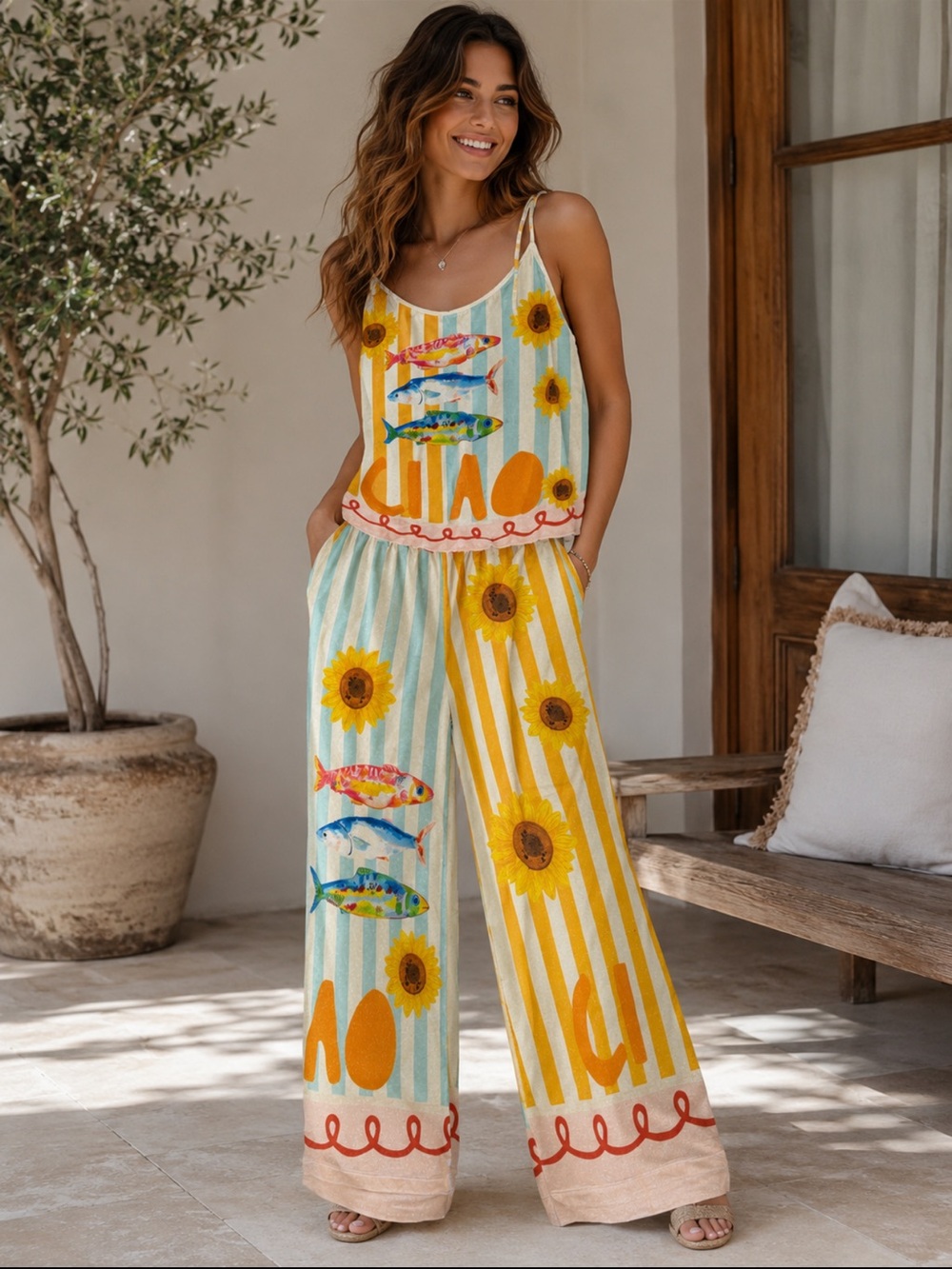 MADE IN ITALY 🇮🇹 Sunflower Stripe Wide-Leg Pant and Top set - Yellow & Teal